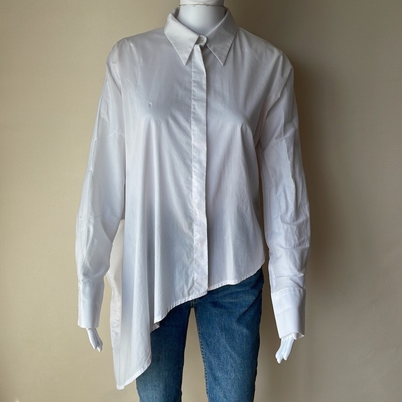 BALOSSA Light Blue Hight Low Button Up Cuffed Sleeve Collar Blouse Oversized 4 - Picture 3 of 17
